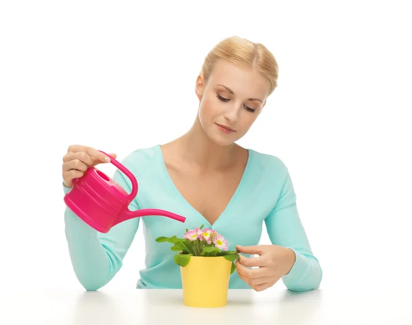 Housewife with flower in pot and watering can — Stock Photo, Image