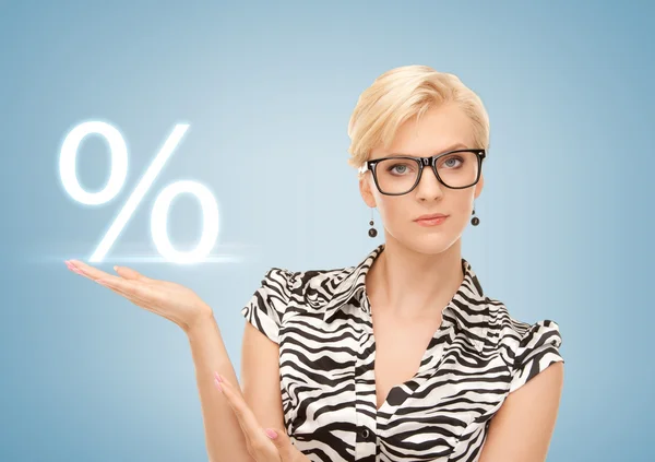 Woman showing sign of percent in her hand — Stock Photo, Image