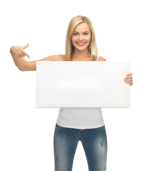 Woman with white blank board — Stock Photo, Image