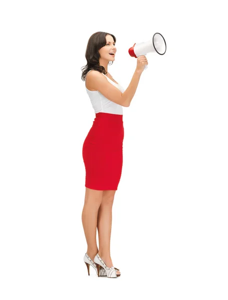 Kind woman shouting in megaphone — Stock Photo, Image