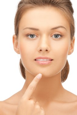 Woman touching her chin clipart