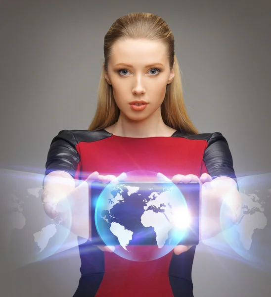 Mulher futurista com tablet pc — Fotografia de Stock