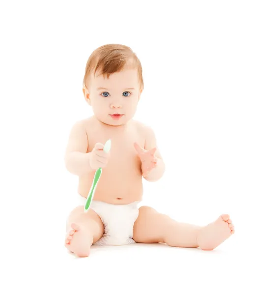 Curioso bebê escovação dentes — Fotografia de Stock