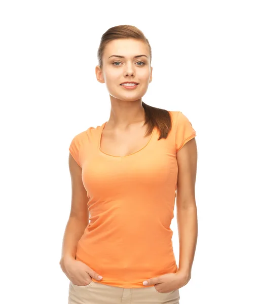 Smiling woman in blank color t-shirt — Stock Photo, Image