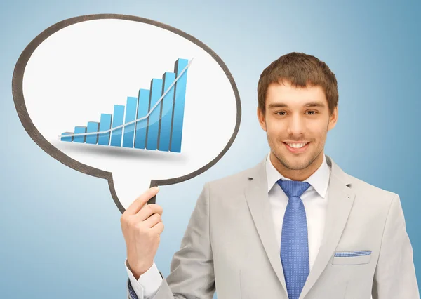 Businessman holding text bubble with graph — Stock Photo, Image