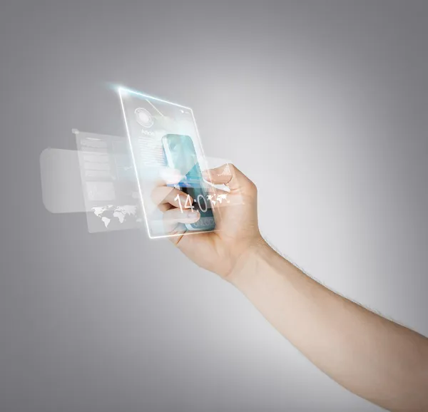 Man hand with smartphone and virtual screen — Stock Photo, Image