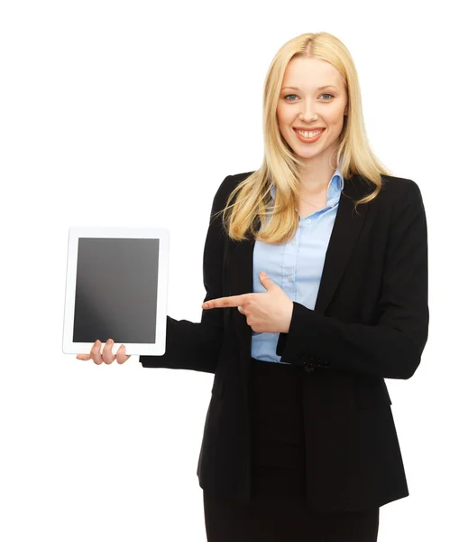 Donna sorridente con tablet pc in ufficio — Foto Stock