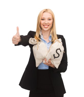 Businesswoman with money bags showing thumbs up clipart