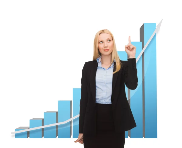 Geschäftsfrau zeigt auf großes 3D-Diagramm — Stockfoto
