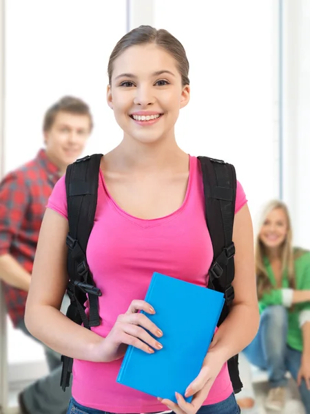 Estudante sorridente com saco de livro e escola — Fotografia de Stock