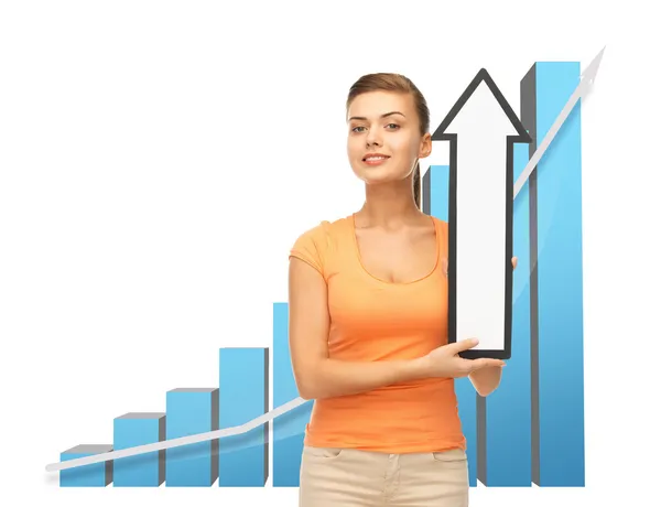 Woman with rising graph and arrow directing up — Stock Photo, Image