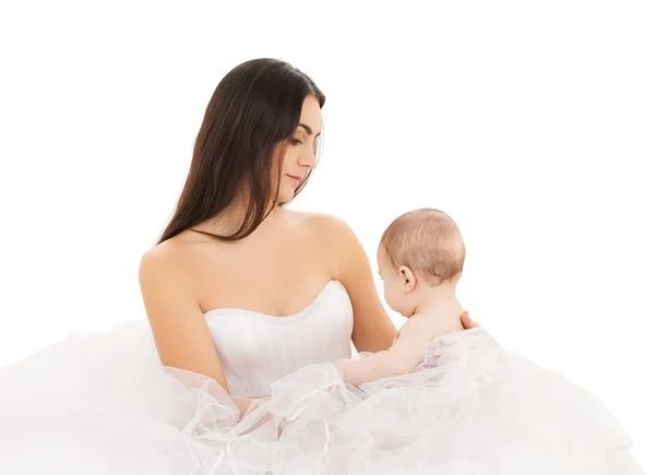 Bride in white dress with little baby — Stock Photo, Image