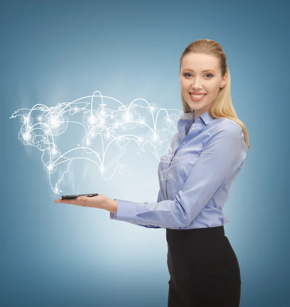 Businesswoman with smartphone and virtual screen — Stock Photo, Image