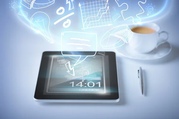 Tablet pc with icons and coffee — Stock Photo, Image