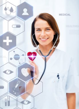 Female doctor with stethoscope and virtual screen clipart