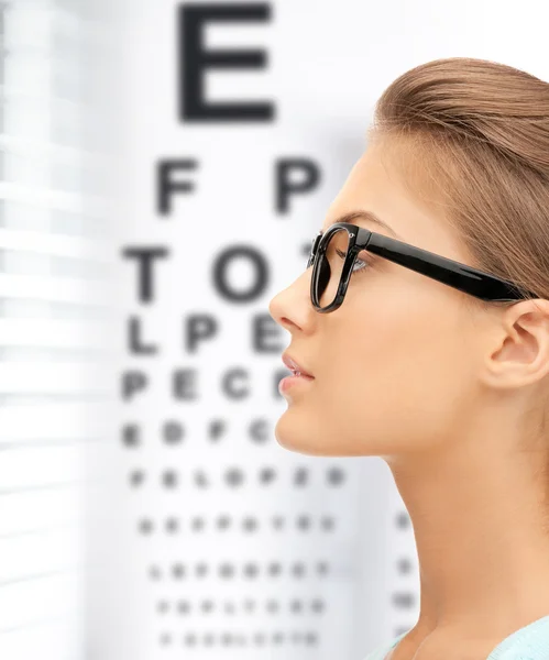 Mulher em óculos com oftalmologia — Fotografia de Stock
