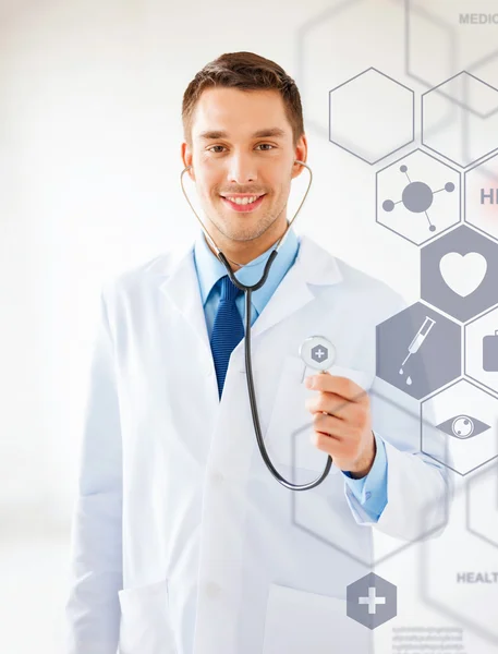 Doctor with stethoscope and virtual screen — Stock Photo, Image