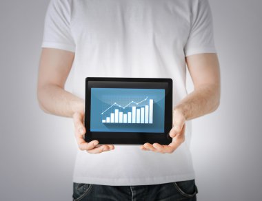 Man hands holding tablet pc with graph clipart