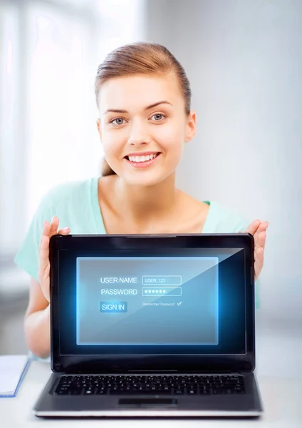 Woman with laptop computer and virtual screen — Stock Photo, Image