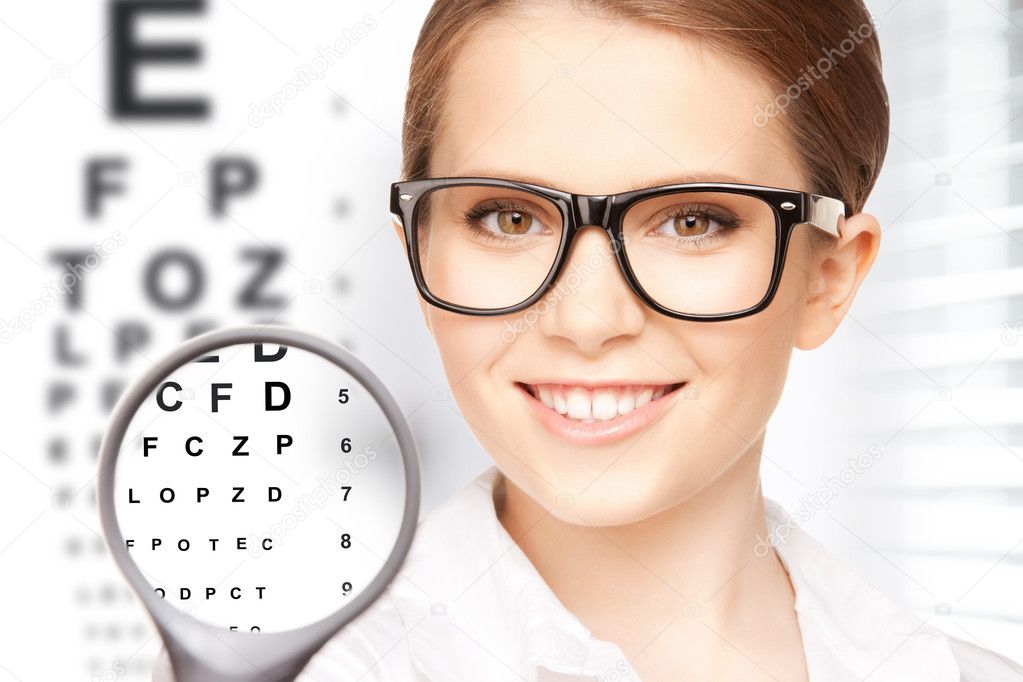 Woman with magnifier and eye chart — Stock Photo © Syda_Productions