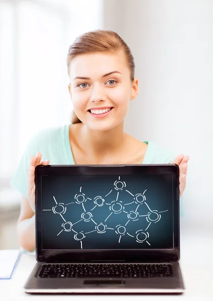 Girl holding laptop with network contacts — Stock Photo, Image