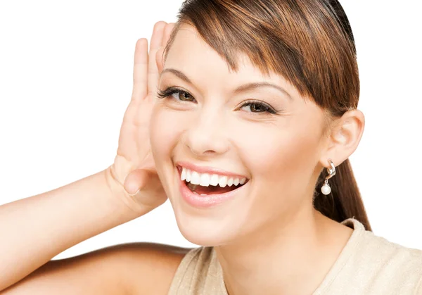 Mujer feliz escuchando chismes —  Fotos de Stock