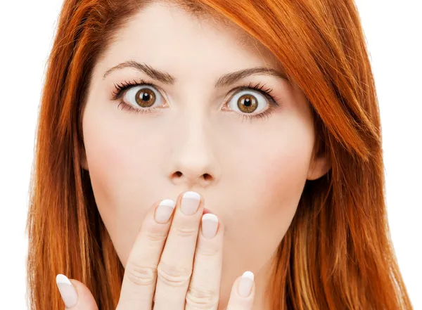 Amazed woman with hand over mouth Stock Photo