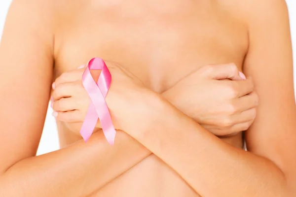 Naga kobieta z taśmy świadomości raka piersi Obrazy Stockowe bez tantiem