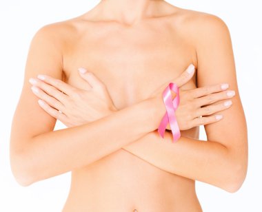 Naked woman with breast cancer awareness ribbon clipart