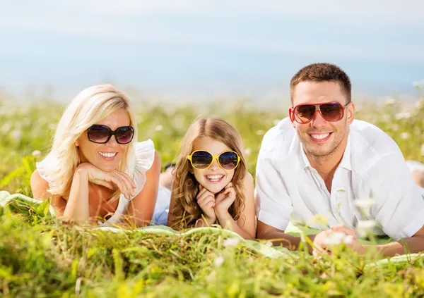 Glückliche Familie mit blauem Himmel und grünem Gras — Stockfoto