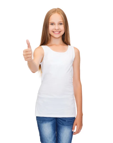 Girl in blank white shirt showing thumbs up — Stock Photo, Image