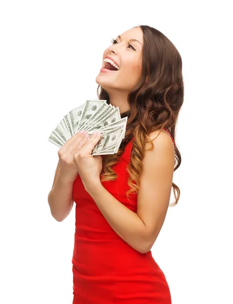 Woman in red dress with us dollar money — Stock Photo, Image