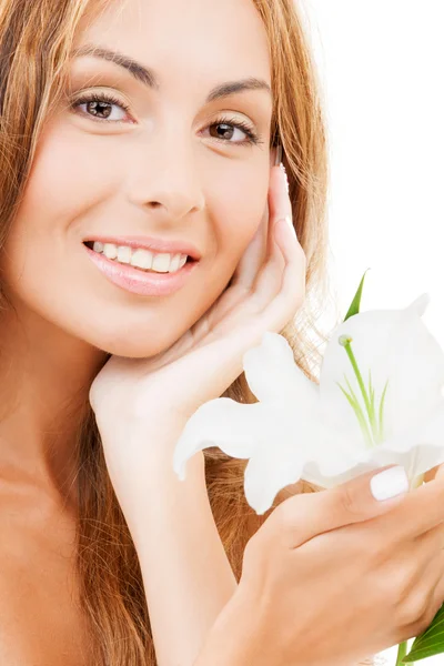 Lovely woman with white lily flower — Stock Photo, Image
