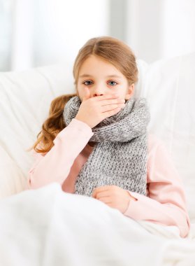 Ill girl with flu at home clipart