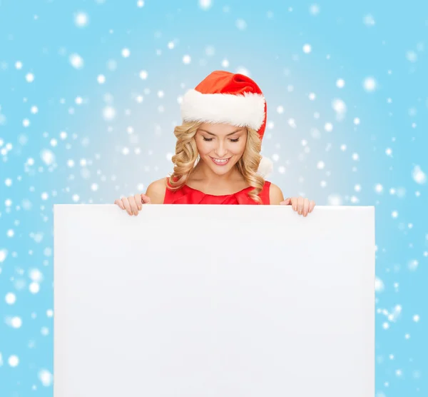 Woman in santa helper hat with blank white board — Stock Photo, Image