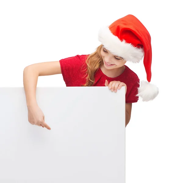 Woman in santa helper hat with blank white board — Stock Photo, Image