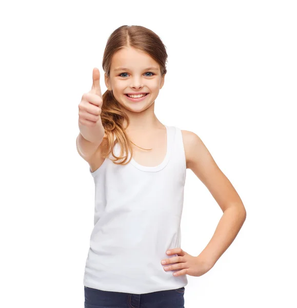 Menina em branco camisa branca mostrando polegares para cima — Fotografia de Stock