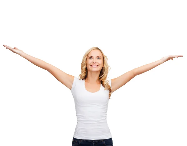 Woman with raised hands in blank white t-shirt — Stock Photo, Image