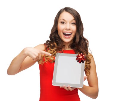 Smiling woman in red dress with tablet pc clipart