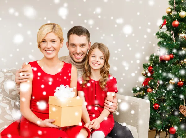 Sorrindo família segurando caixa de presente — Fotografia de Stock