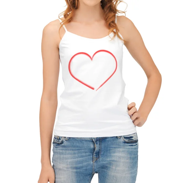 Woman in white tank top with heart on it — Stock Photo, Image