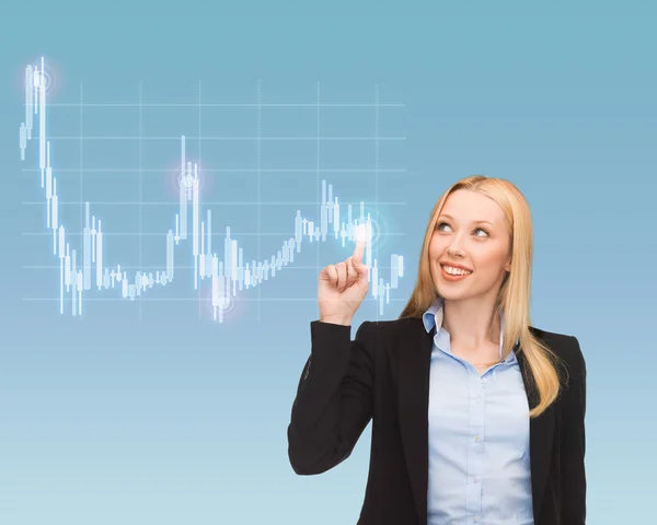 Leende affärskvinna pekar på forex diagram — Stockfoto