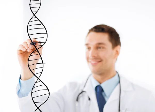 Doctor drawing dna molecule on virtual screen — Stock Photo, Image