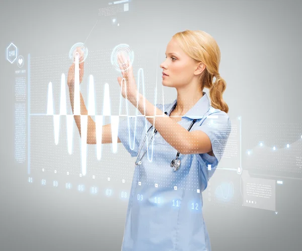 Doctor or nurse working with virtual screen — Stock Photo, Image