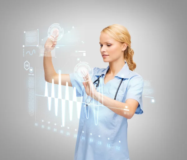 Doctor or nurse working with virtual screen — Stock Photo, Image