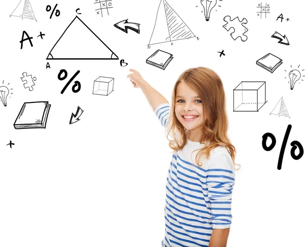 Dziewczyna, wskazując na trójkąt na ekranie wirtualnych — Zdjęcie stockowe
