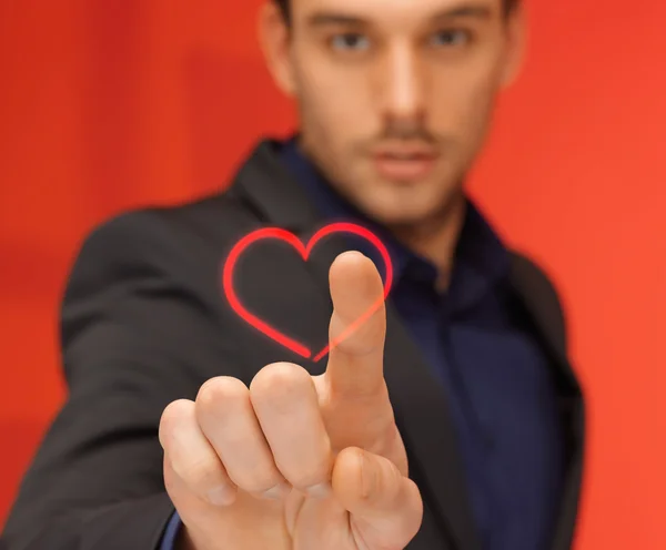 Bonito homem de terno pressionando botão virtual — Fotografia de Stock