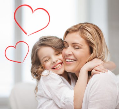 Smiling mother and daughter hugging clipart