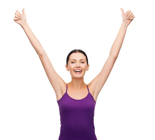 Girl in blank purple tank top with crossed arms — Stock Photo, Image