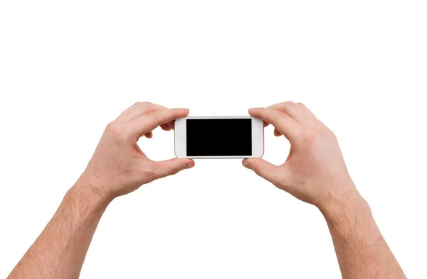 Close up of man hands holding smartphone — Stock Photo, Image